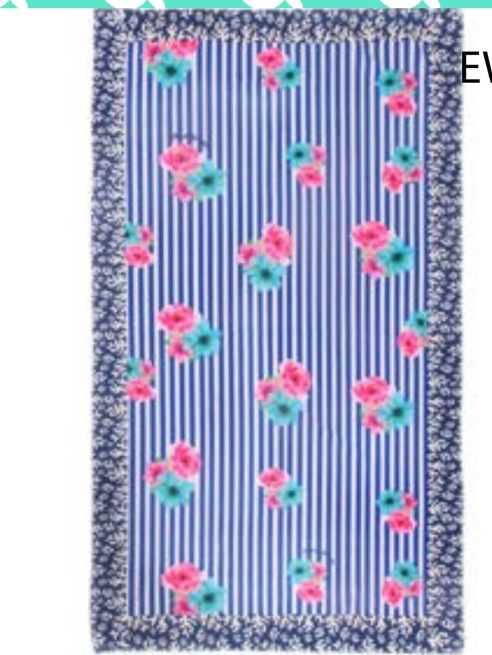 Antica Sartoria Blue & White Roses Striped Floral Beach Towel NWT